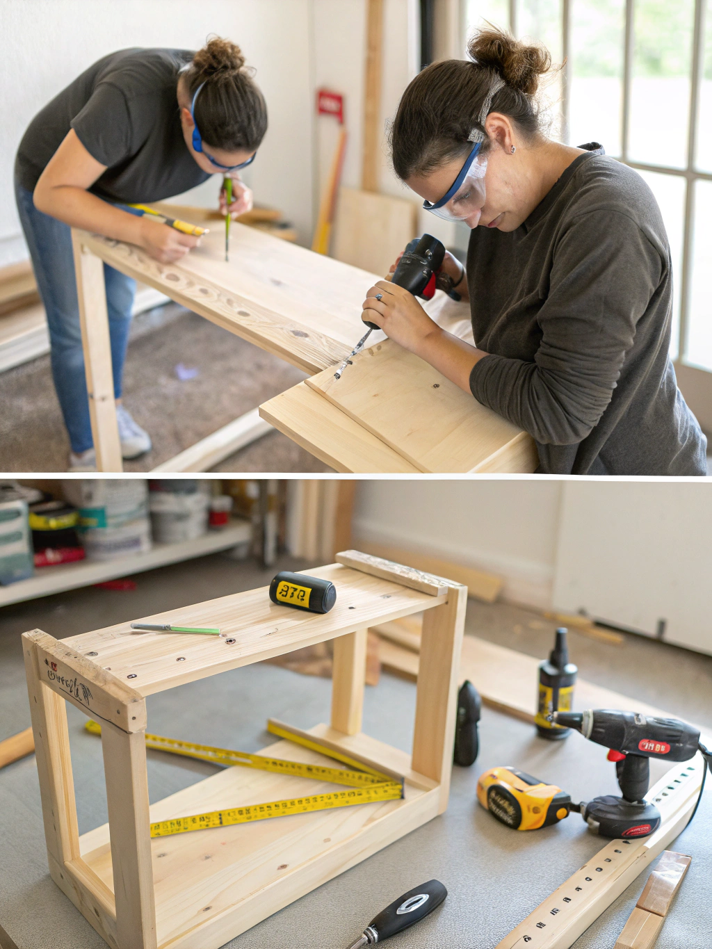 Person assembling a wooden DIY hallway table with tools, step-by-step guide for beginners.