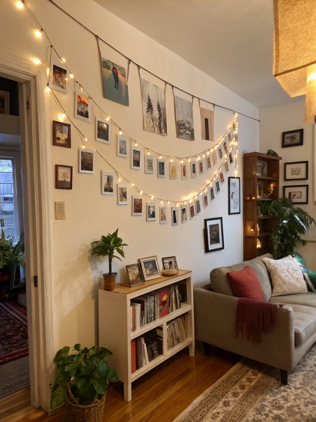 Photo display string with colorful, pinned photos and lights, showcasing creative DIY ways to highlight memories at home.