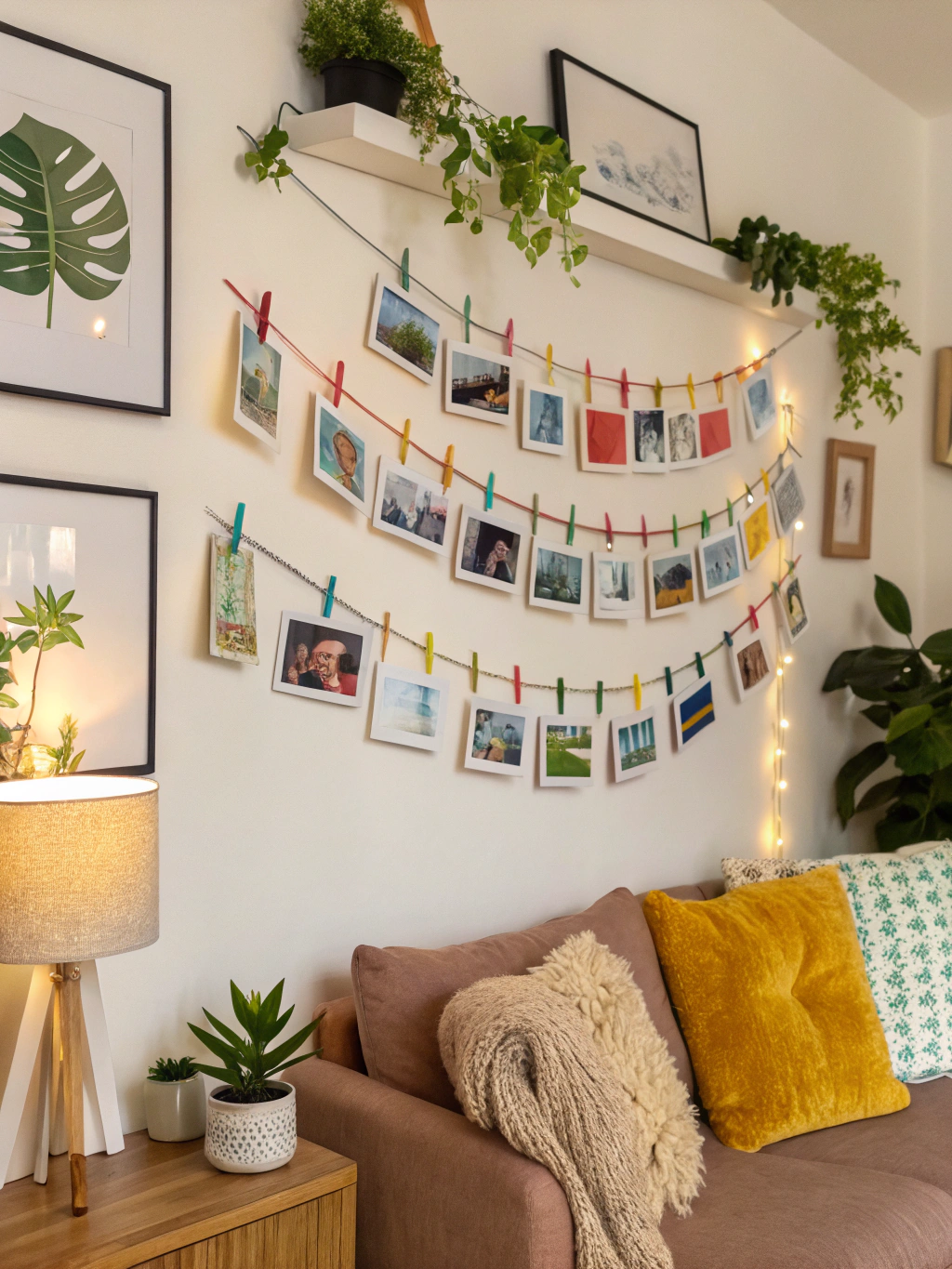 Crafting a DIY photo display string with colorful clips, showcasing a variety of cherished memories in a stylish home setting.