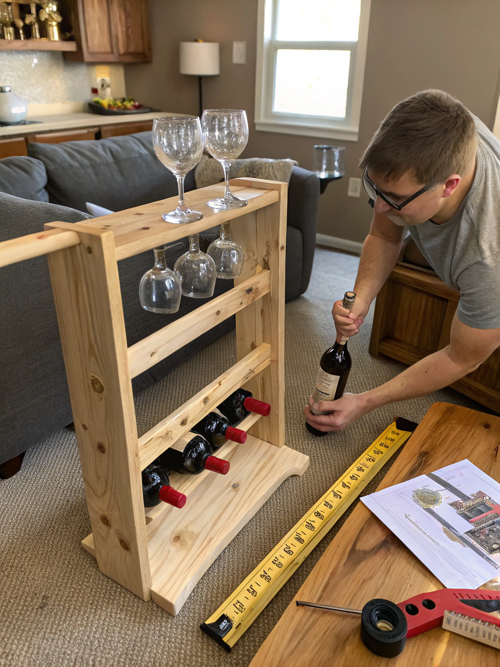 Crafting a wooden wine glass rack step-by-step, enhancing home decor with DIY creativity.