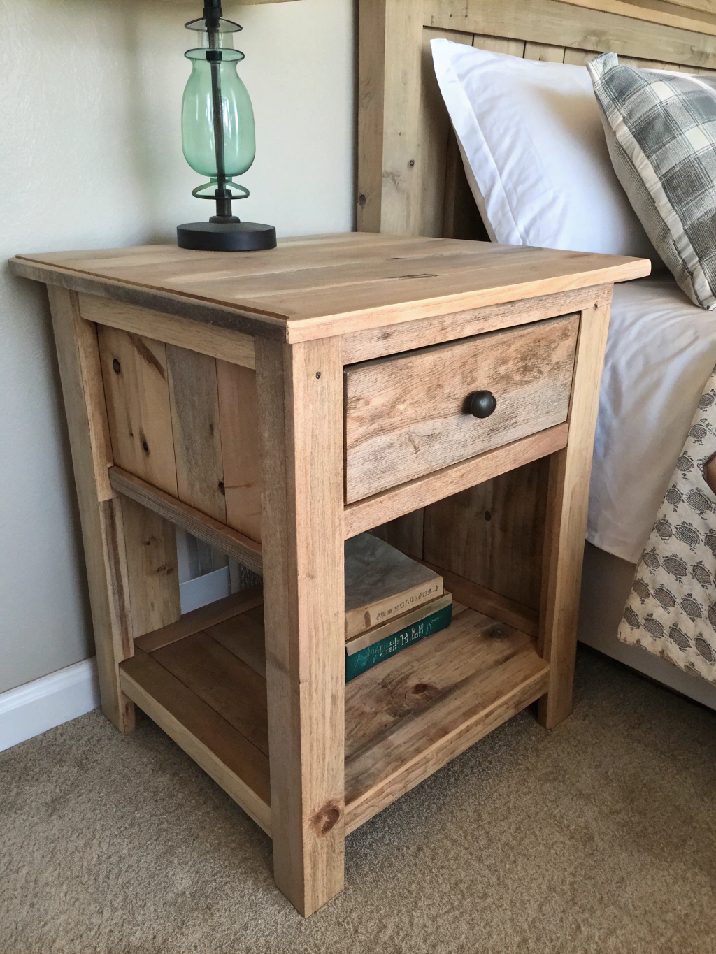 DIY wooden nightstand with tools and materials ready for a 7-step building guide in [Location].