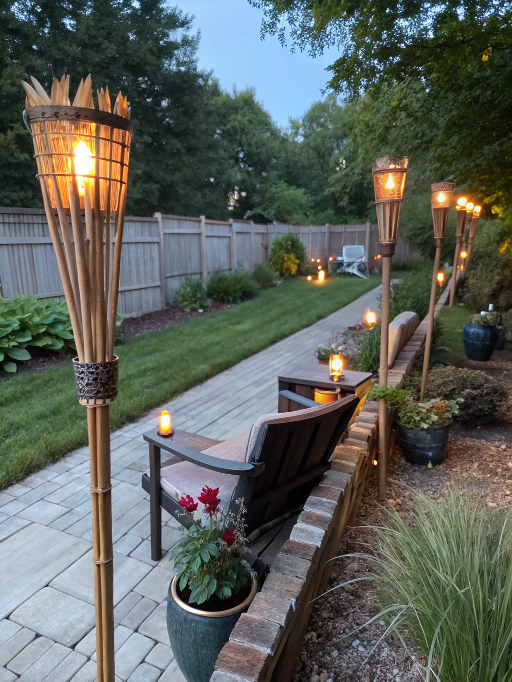 DIY Tiki Torches for Patio: 5 Easy Steps to Light Up Your Space 3 DIY Tiki torches lighting a cozy patio space at sunset, enhancing outdoor ambiance. diy tiki torches for patio