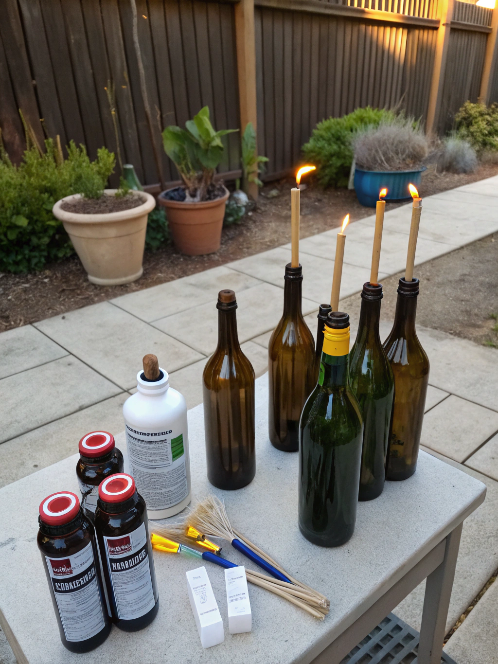 DIY Tiki Torches for Patio: 5 Easy Steps to Light Up Your Space 1 Materials for DIY Tiki torches on patio, featuring empty wine bottles, wicks, and torch fuel.
