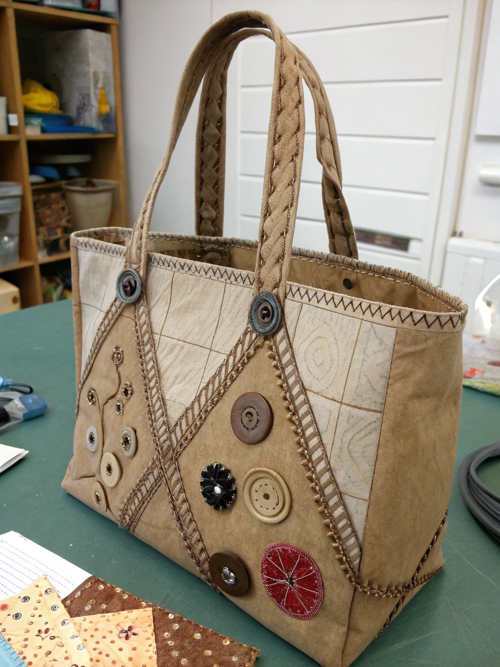 Handmade paper bags with craft supplies scattered, showcasing paper bag crafts for adults in New York City.