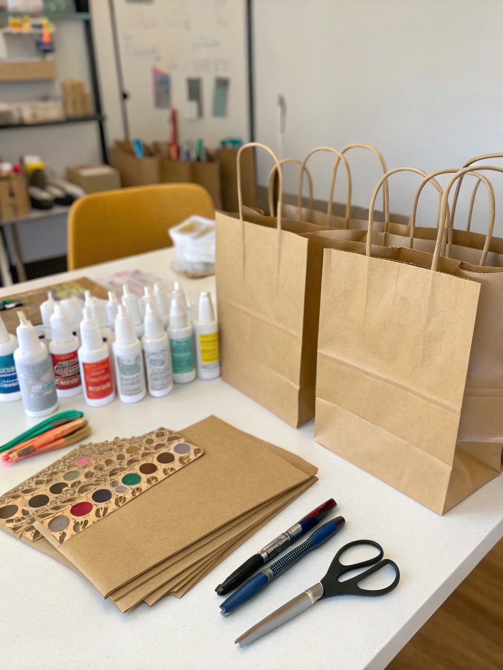 Craft materials: paper bags, scissors, glue, markers; essentials for adult DIY projects. ifryy.com