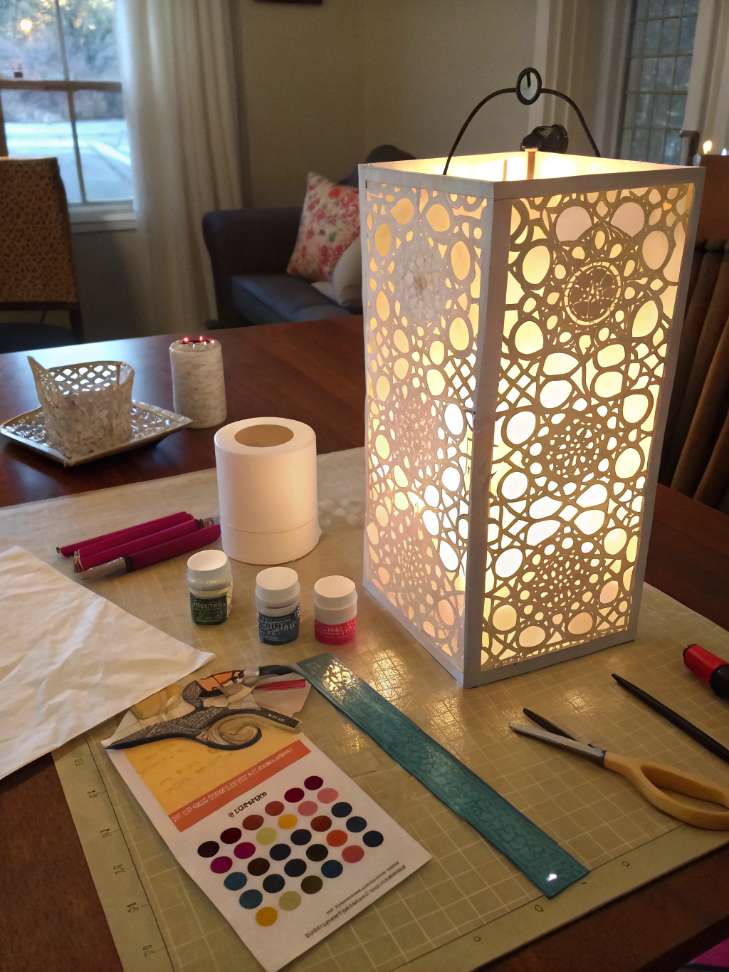 Crafting a decorative paper bag lantern on a table with crafting tools, ideal for adult DIY projects in New York.