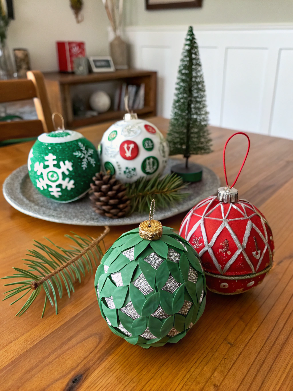 Upcycled Christmas ornaments made from recycled materials on a wooden table, promoting eco-friendly holiday decor ideas.