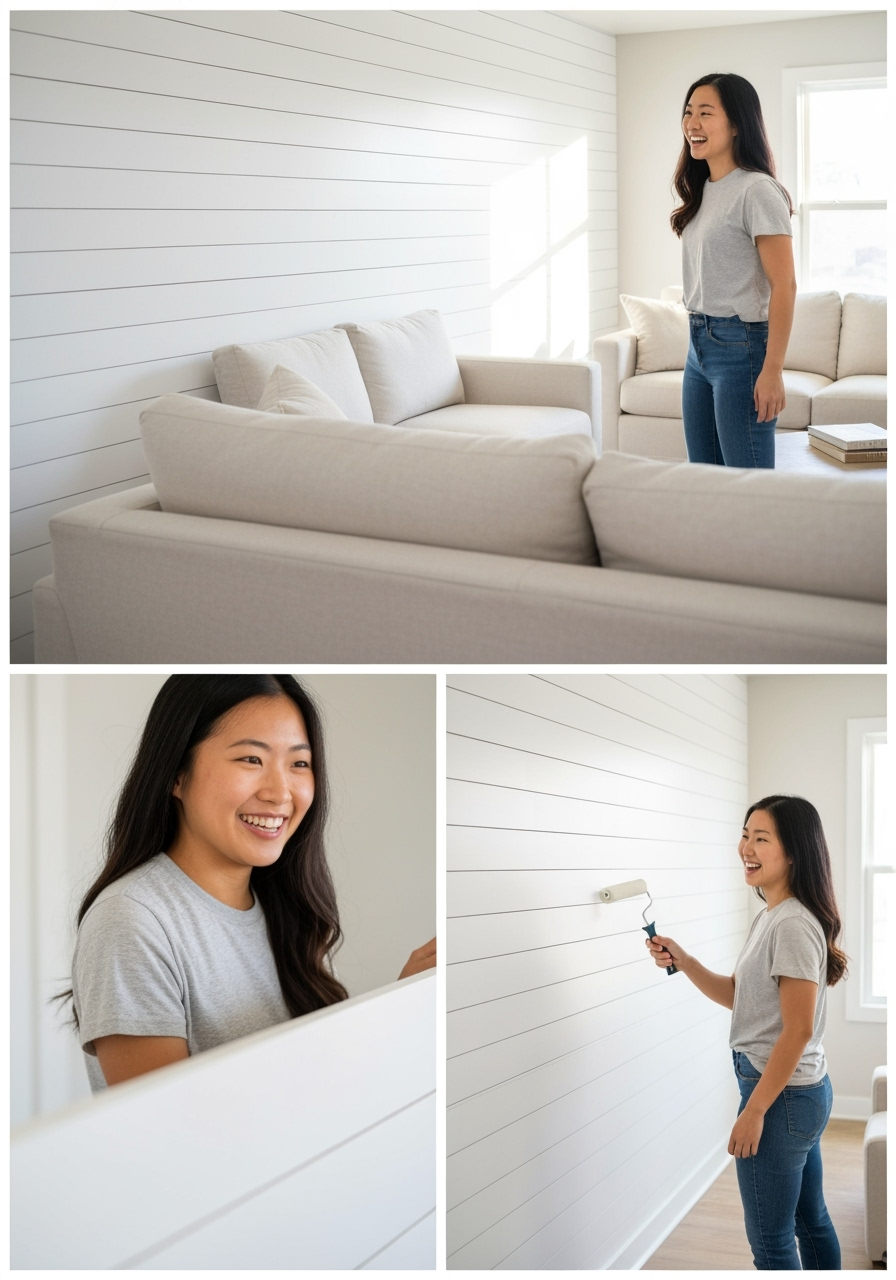 DIY Shiplap Wall Project: 9 Easy Steps for Beginners 3 DIY Shiplap Wall Project: Beginners painting white shiplap boards in a living room, enhancing interior design.