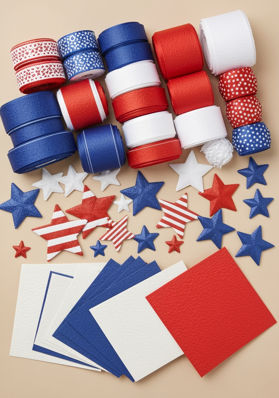 DIY 4th of July Banner: How to Craft Yours in 5 Easy Steps 1 Craft supplies including red, white, and blue ribbons for DIY 4th of July banner project in Austin.