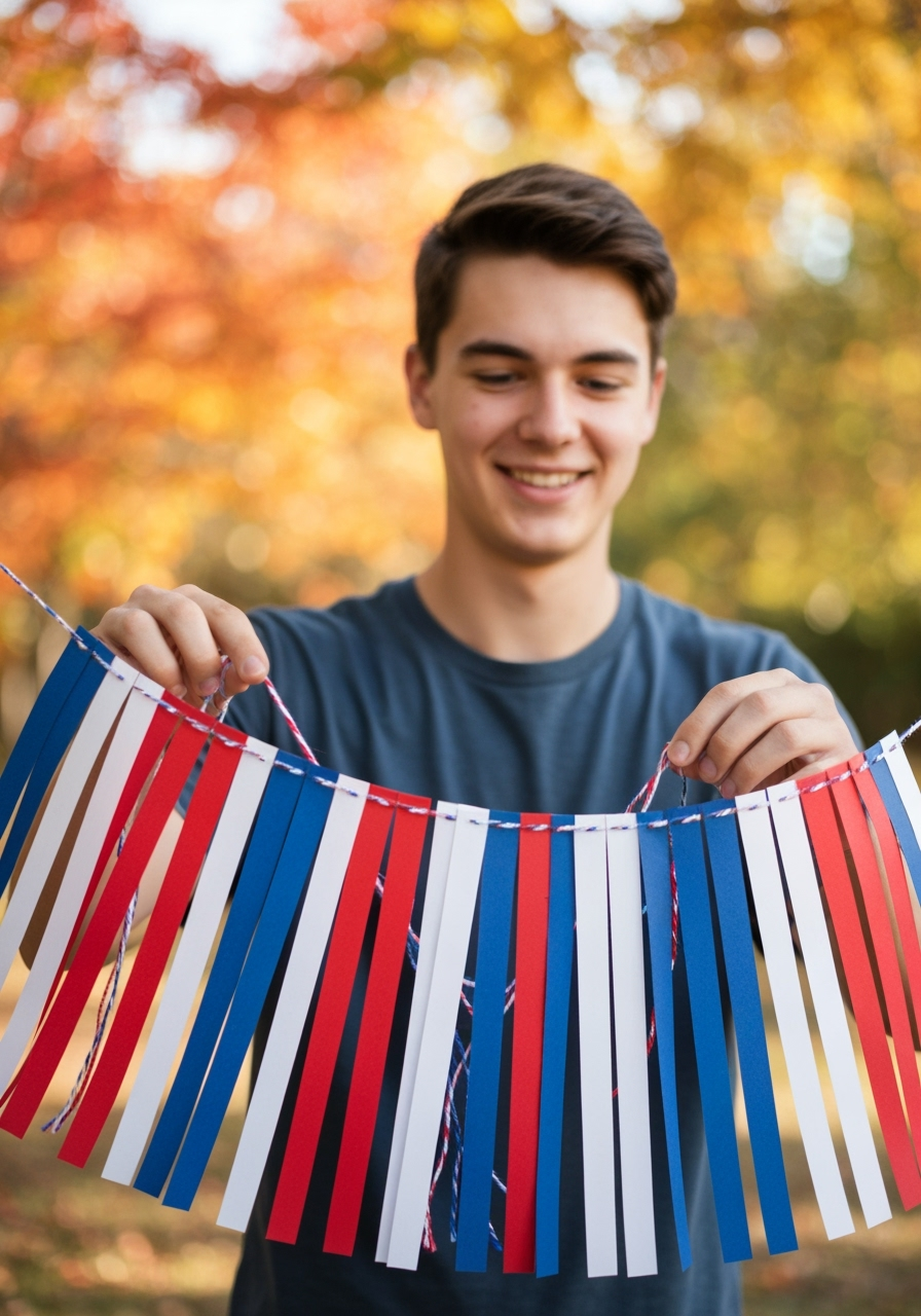 DIY 4th of July Banner: How to Craft Yours in 5 Easy Steps 2 Crafting a red, white, and blue 4th of July banner with paper and string for festive DIY decorations in Austin.