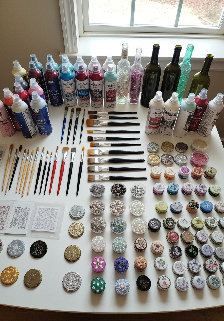 Wine Bottle Crafts DIY: 7 Easy Ideas You'll Love! 2 Crafting supplies for DIY wine bottle projects, including paint, brushes, and decorative materials.