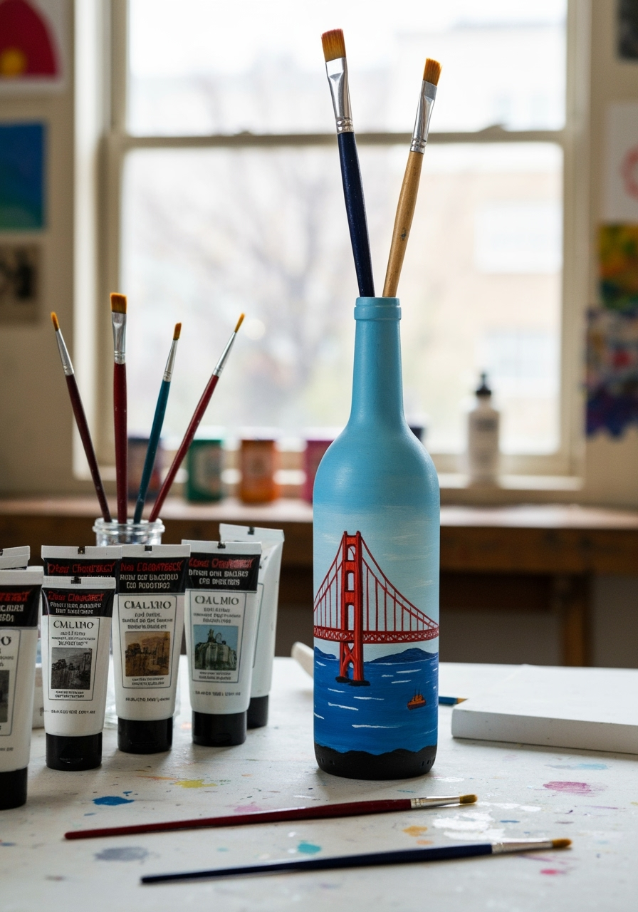 Wine Bottle Crafts DIY: 7 Easy Ideas You'll Love! 3 Hand-painted wine bottle vase next to paints and brushes in San Francisco DIY craft project. DIY wine bottle crafts, Creative recycled wine bottle ideas, and How to make crafts with wine bottles wine bottle crafts DIY