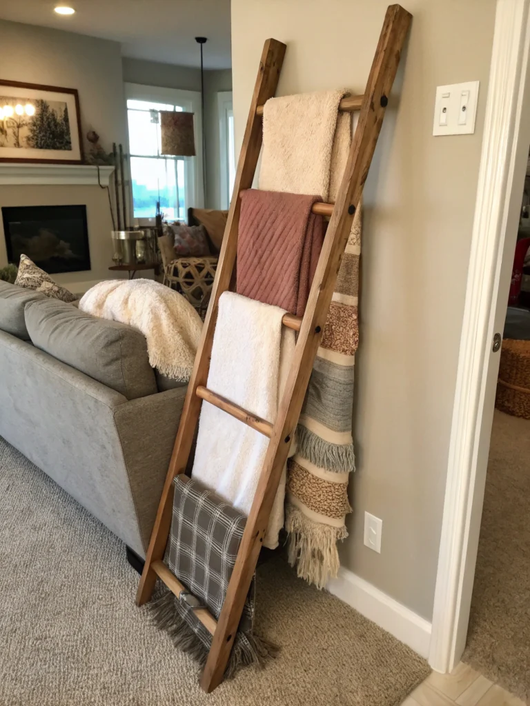 DIY blanket ladder with cozy throw blankets, handmade home decor craft project, step-by-step guide.