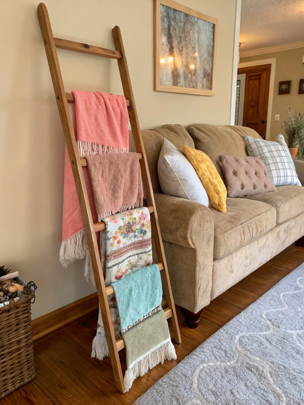 The final DIY blanket ladder, beautifully stained, leaning against a wall and artfully draped with several cozy blankets in complementary colors.