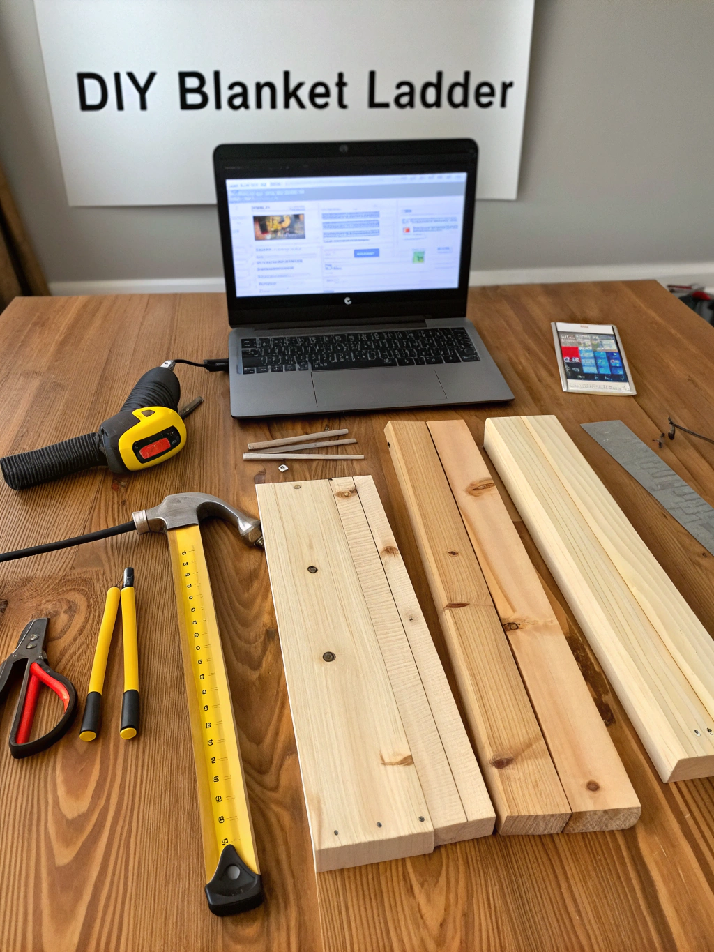 A collection of wood, screws, sandpaper, measuring tape, a drill, and wood stain laid out neatly, ready for a DIY blanket ladder project.