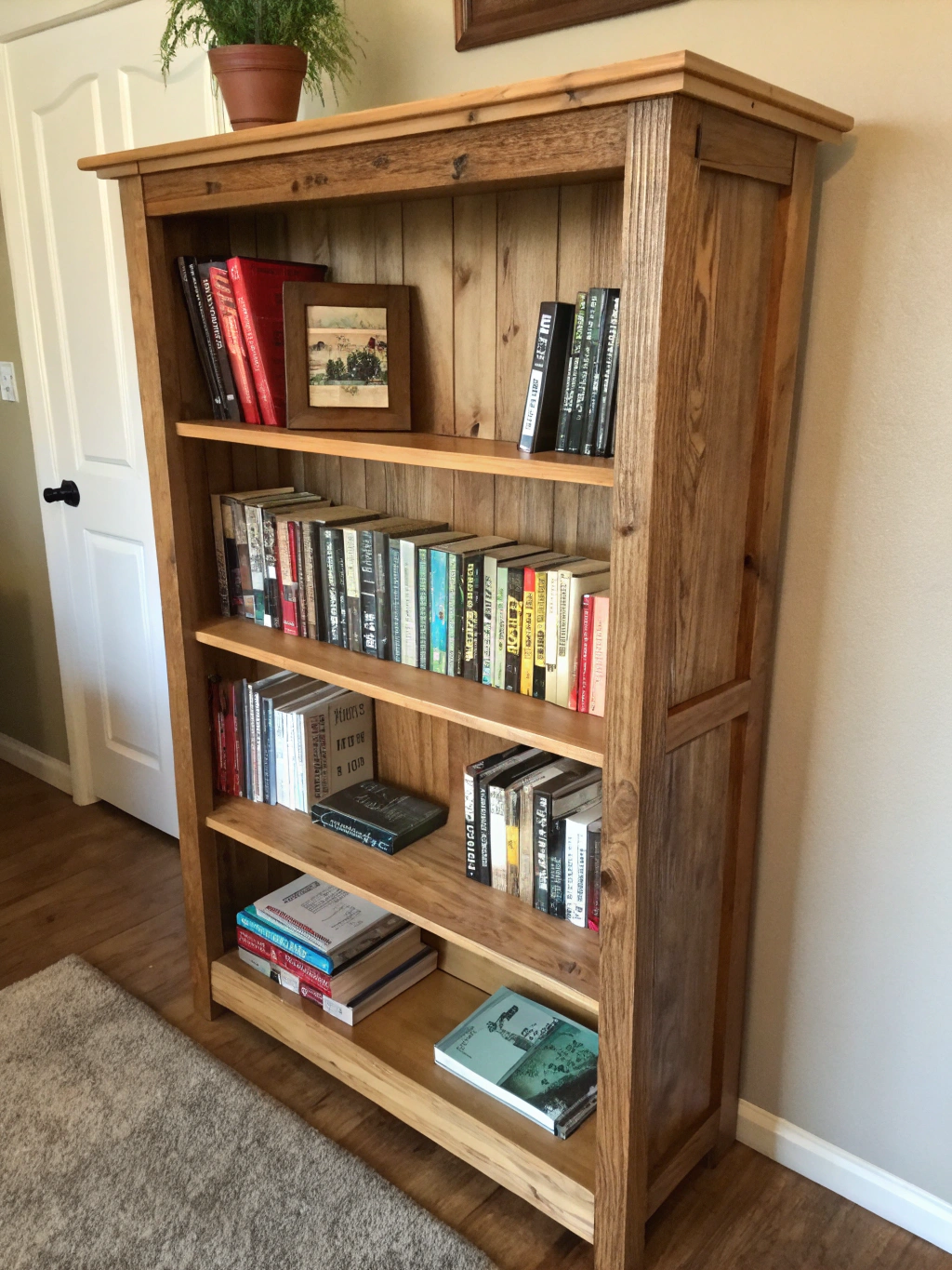 A beautifully finished DIY book shelf, styled with books and decor items, showcasing the final result.