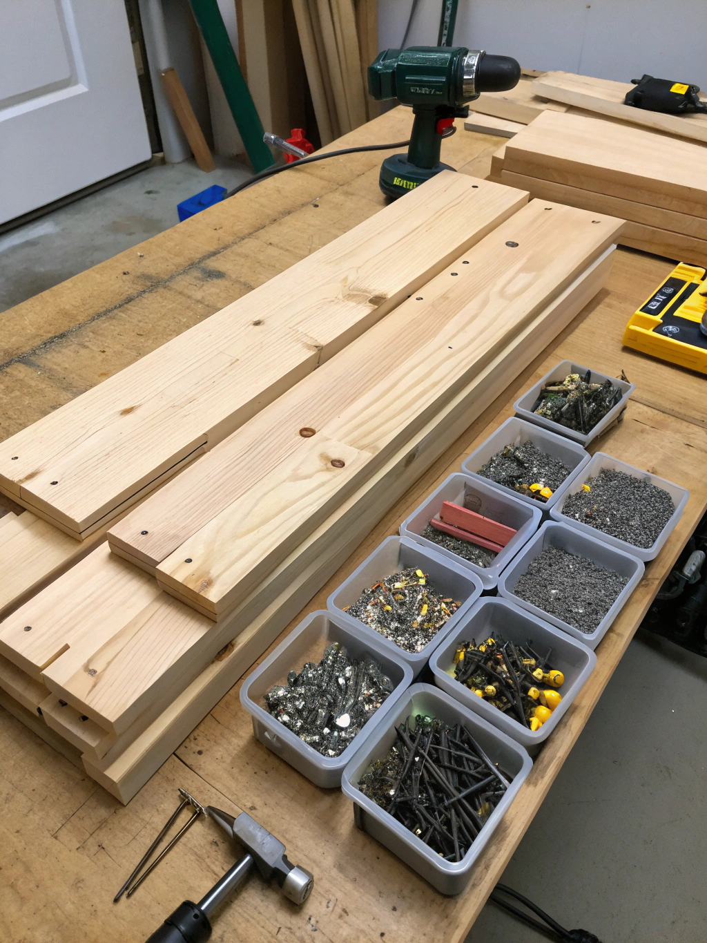 A collection of tools and materials needed for building a DIY book shelf, laid out neatly on a workshop bench.
