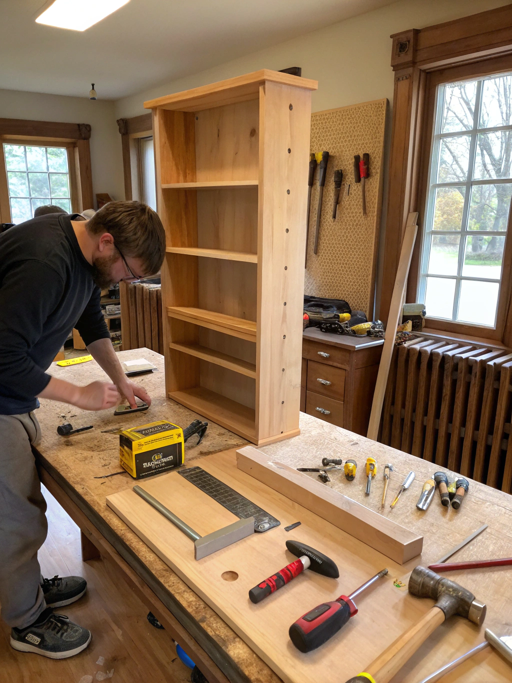 Image showing initial preparations for a DIY book shelf, such as measuring and cutting wood.