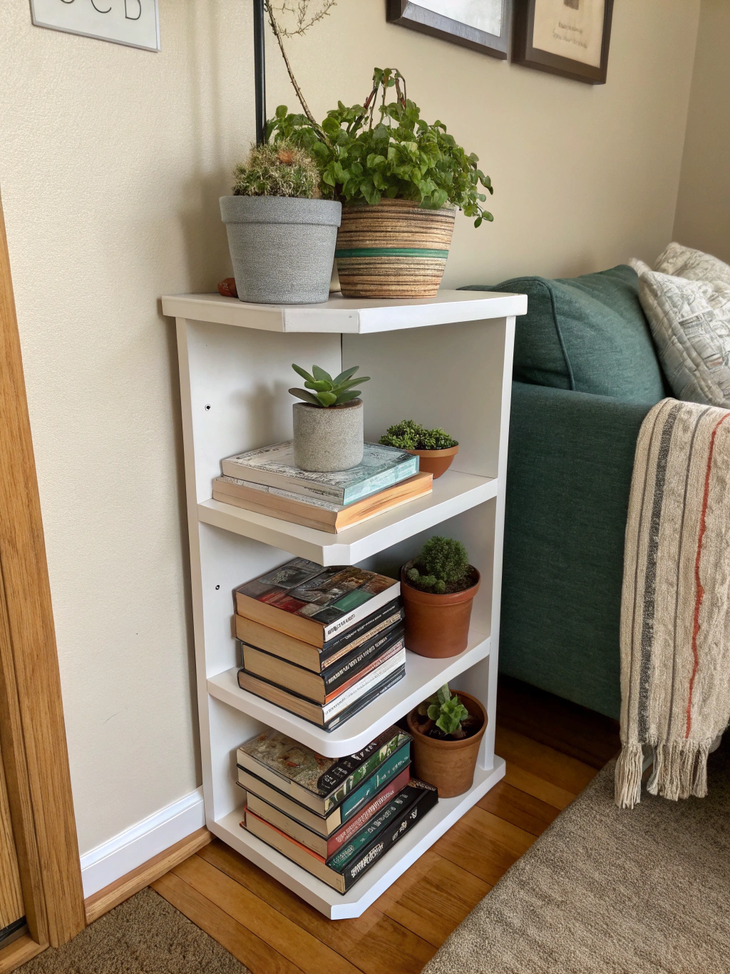The final result of the easy 3-step DIY corner shelf, beautifully styled and organizing a corner.