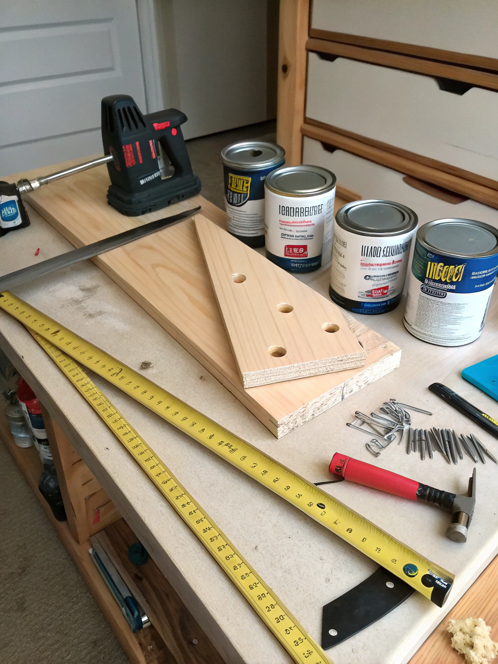 Materials and tools laid out for building a DIY corner shelf.