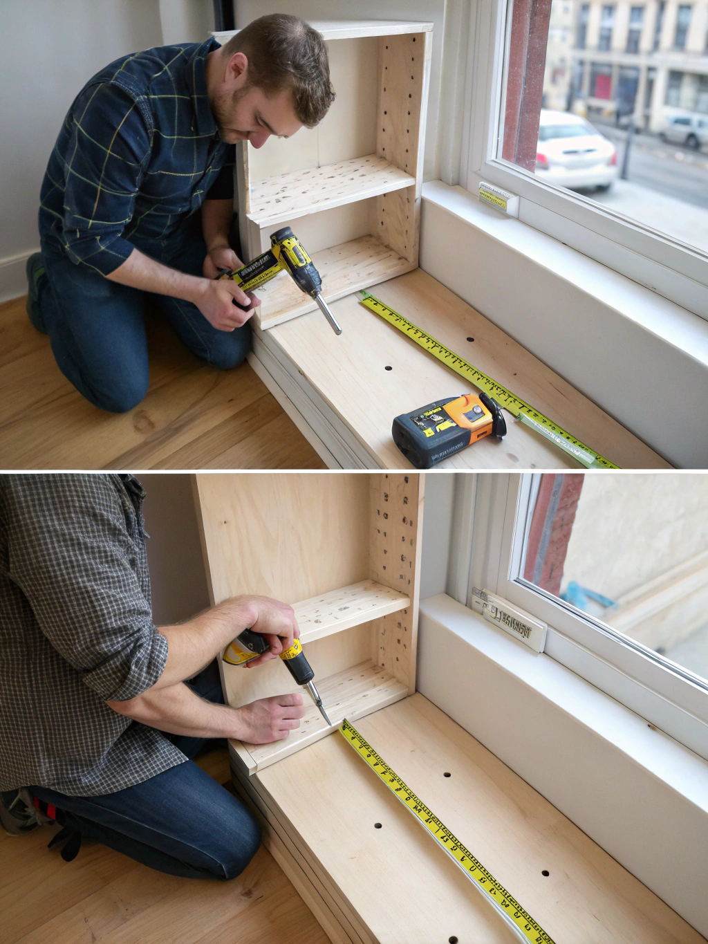 Planning and cutting wood for the DIY corner shelf.