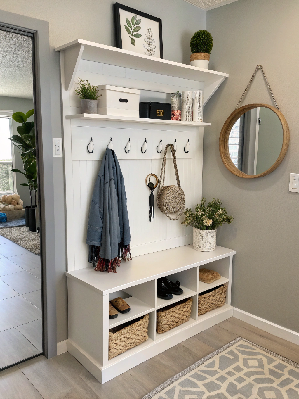 Final result of the completed DIY entryway shelf, styled and functional in an entryway.