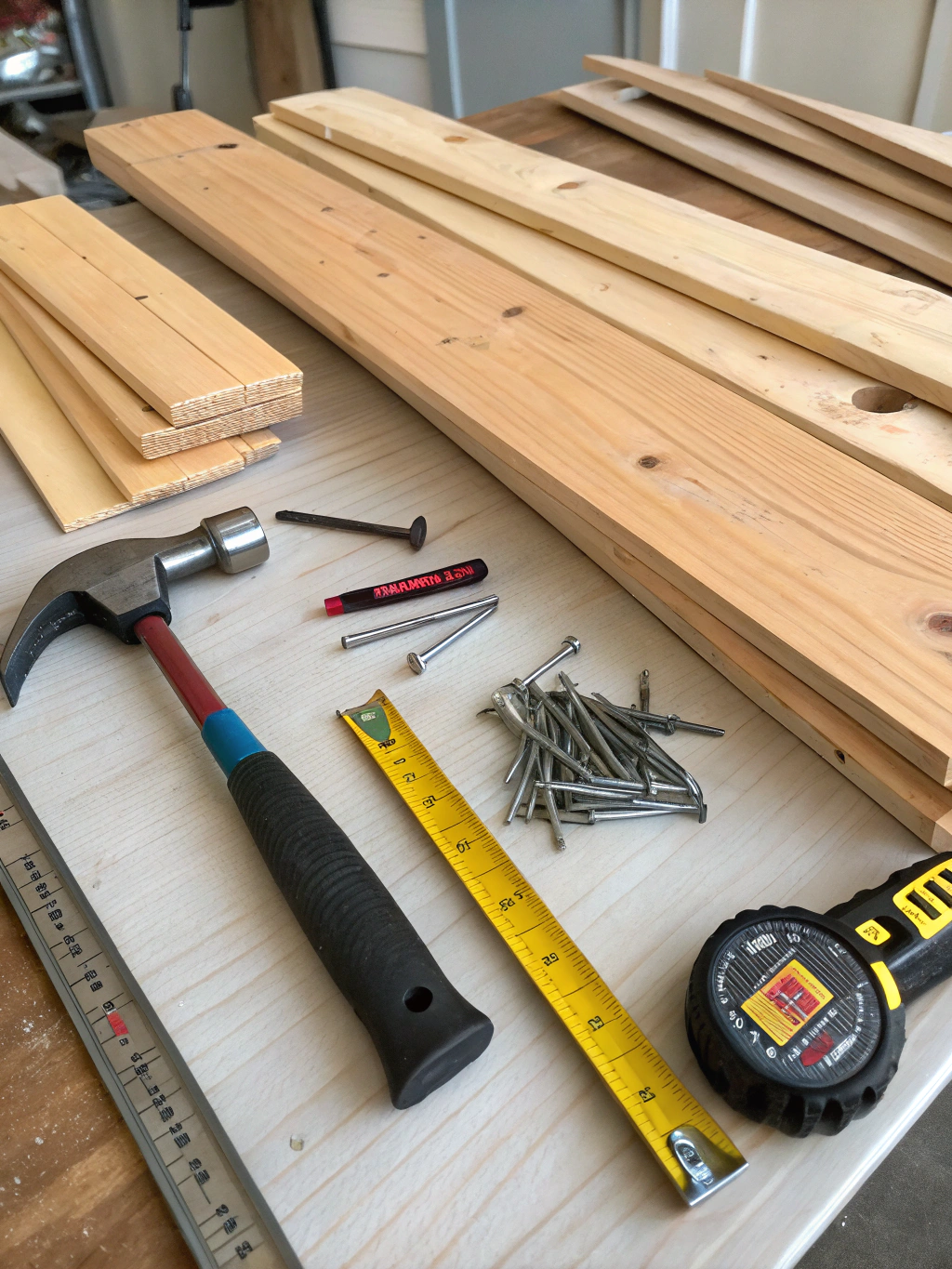 Materials and tools laid out for building a DIY entryway shelf