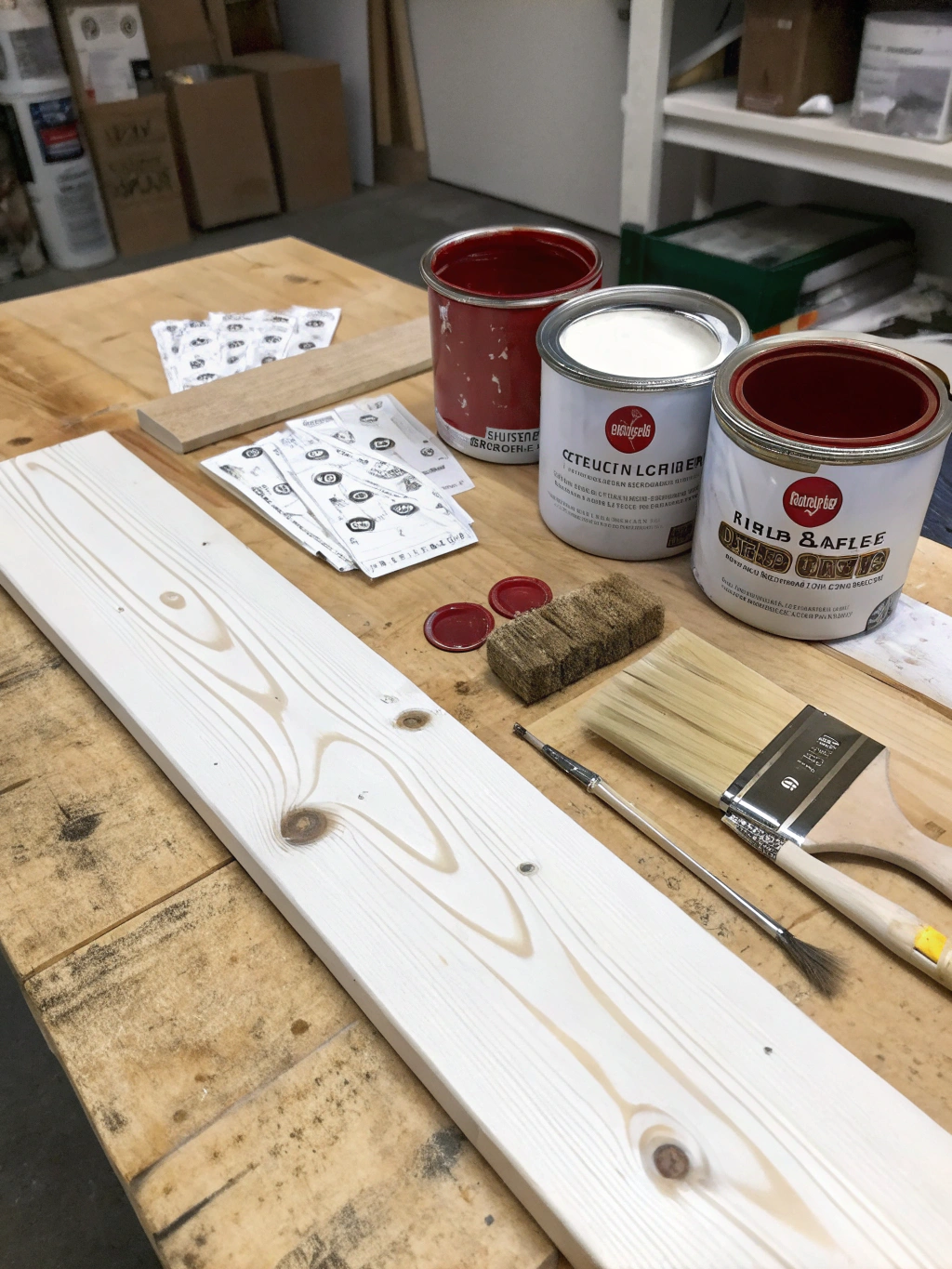 Array of materials and tools needed for a DIY farmhouse sign project laid out on a wooden table.