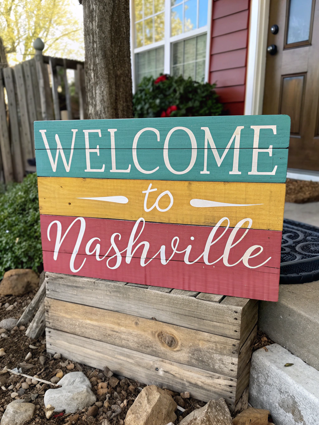 Step 1: Hands sanding a wooden board for a DIY farmhouse sign project.