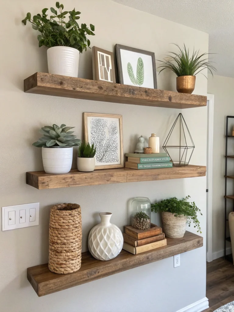 DIY Floating Shelves Project in a Modern Living Room.