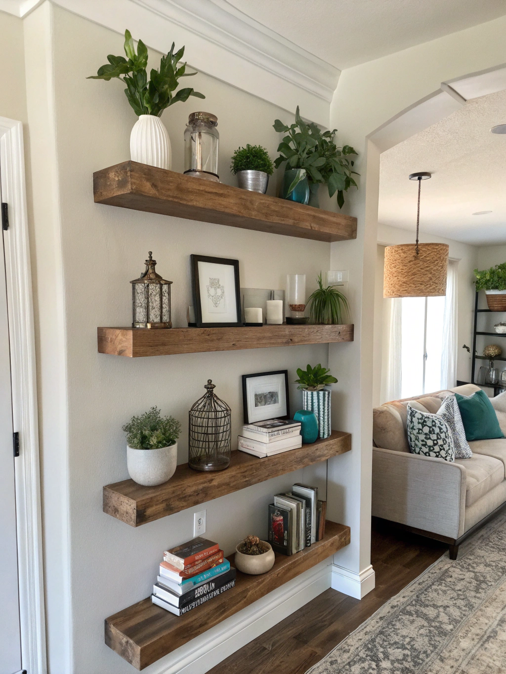 A beautifully styled DIY floating shelf displaying books, plants, and decorative objects.
