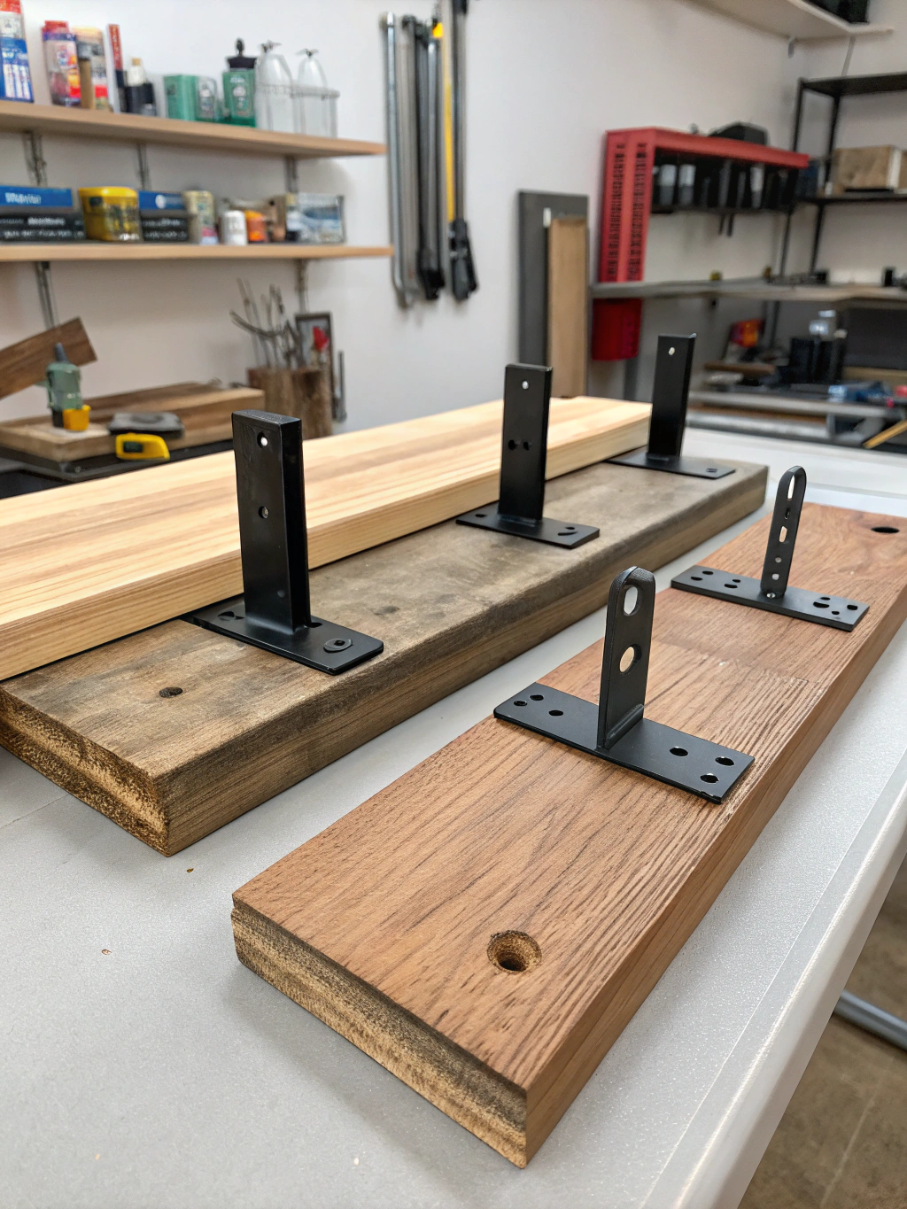 An assortment of tools and materials like wood, screws, a drill, level, and measuring tape laid out for a DIY floating shelves project.