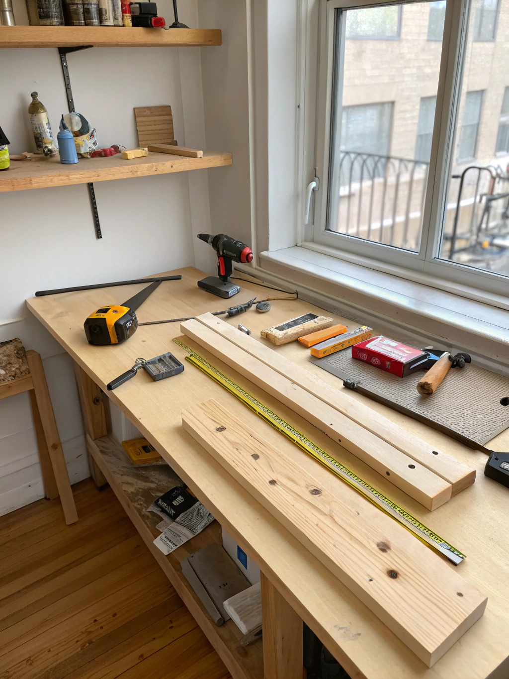 A wooden support bracket for DIY floating shelves being assembled with screws.