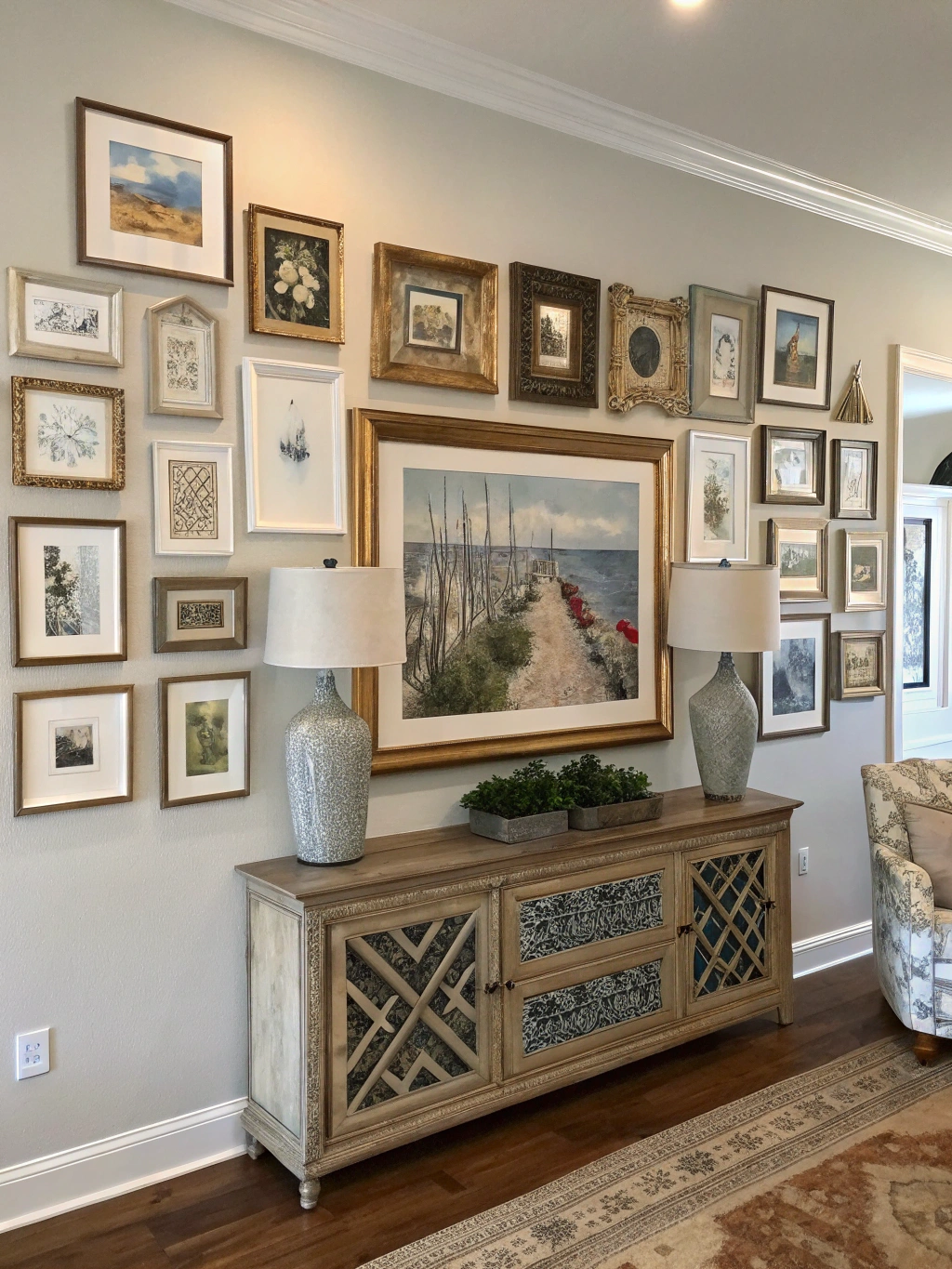A beautifully arranged DIY gallery wall featuring a mix of frames and artwork, showcased in a well-lit living room.