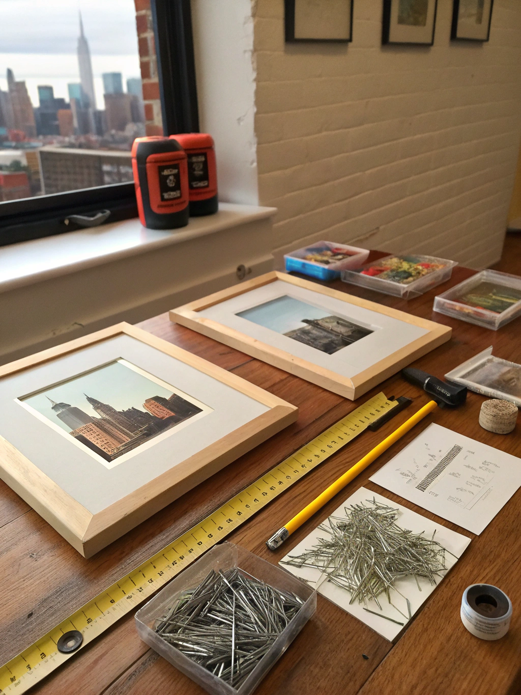 A flat lay of materials needed for a DIY gallery wall, including frames, prints, measuring tape, level, hammer, and nails.