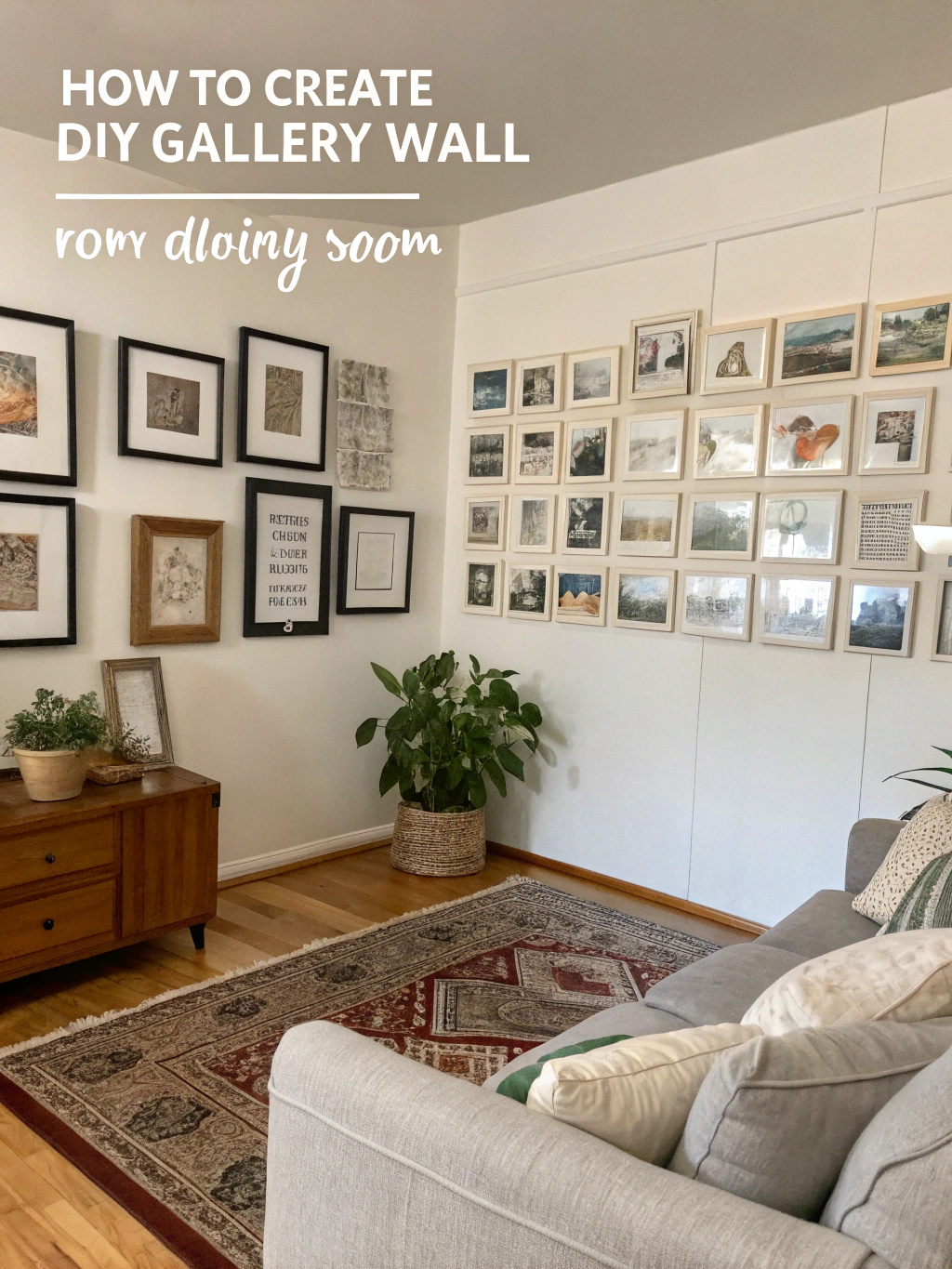 Step 1 of creating DIY gallery wall ideas: selecting artwork and frames laid out on the floor.