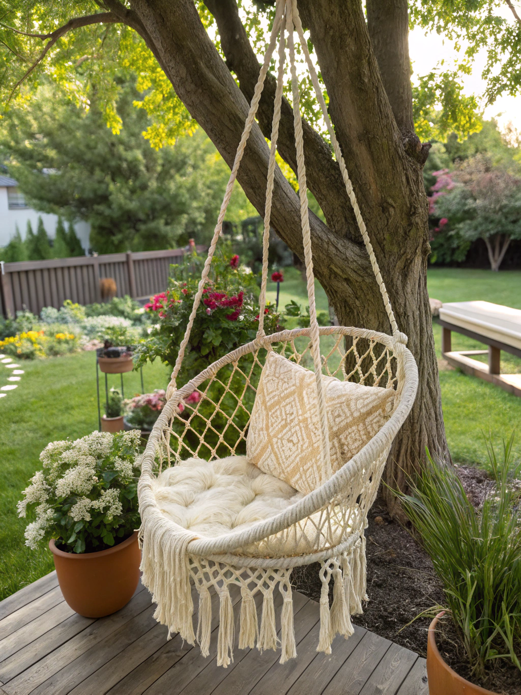 Completed DIY hanging macramé chair, beautifully styled in a cozy room corner.