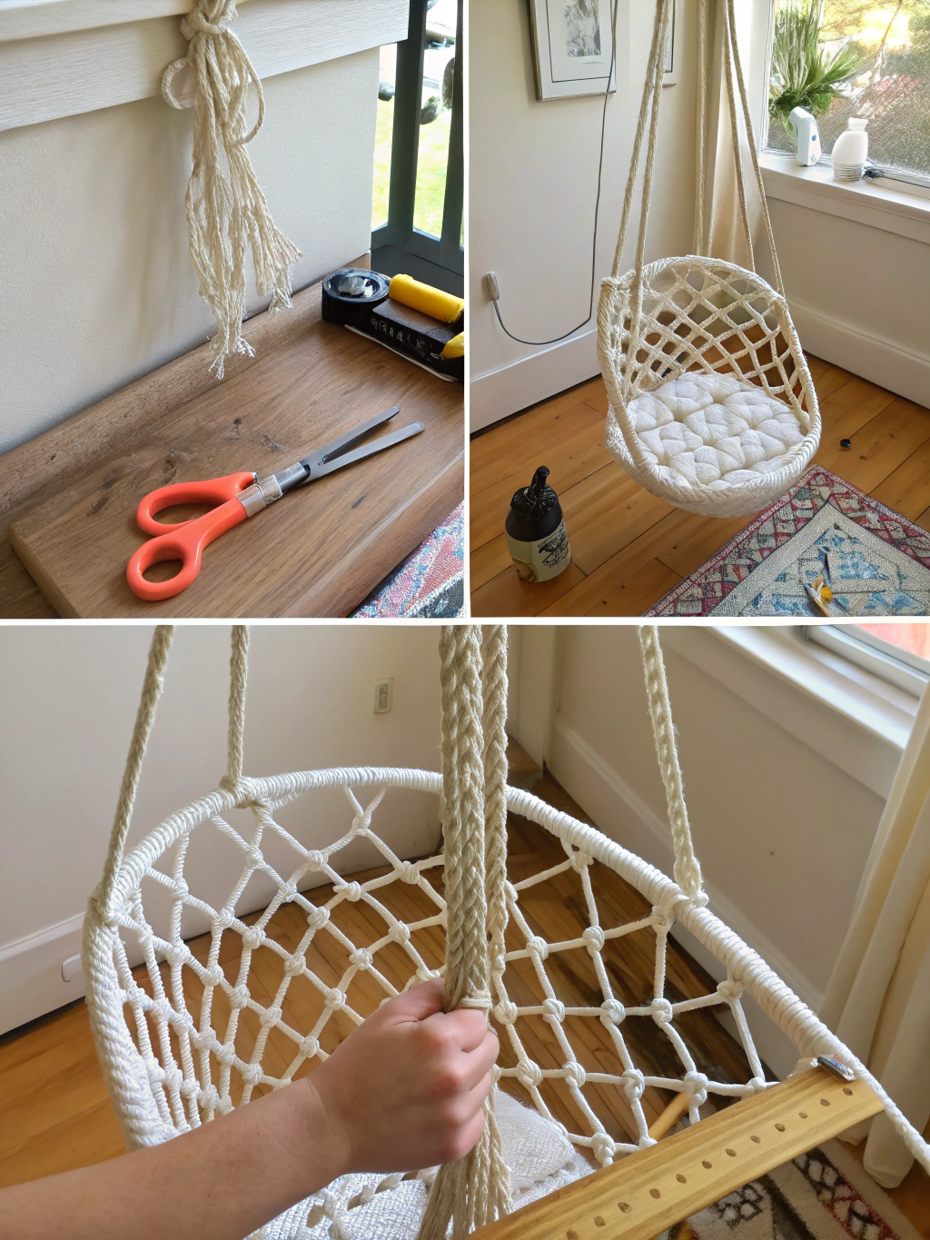Step 1 of DIY hanging macramé chair: Preparing the metal hoops and cutting initial macramé cords.