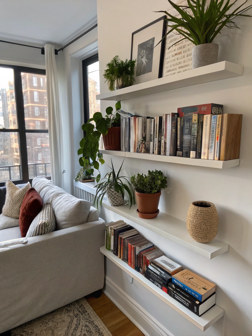 The completed DIY ledge shelf, beautifully styled and mounted on a wall, showcasing its practical elegance.
