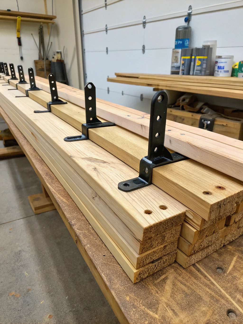 An array of tools and materials needed for building a DIY ledge shelf, laid out neatly.