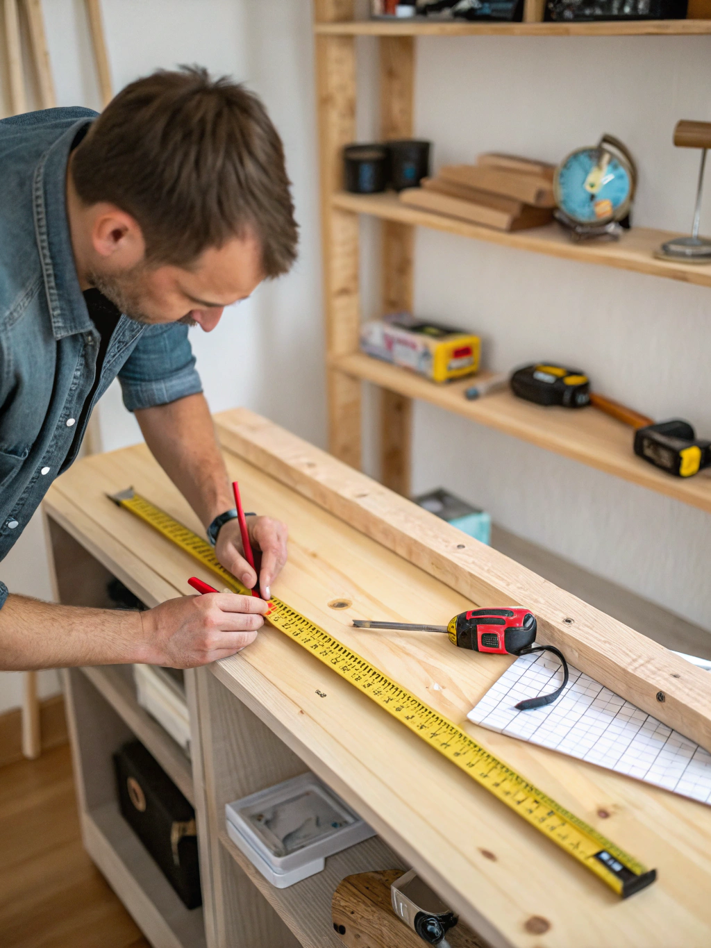 A piece of wood being carefully measured and marked before cutting for a DIY ledge shelf project.