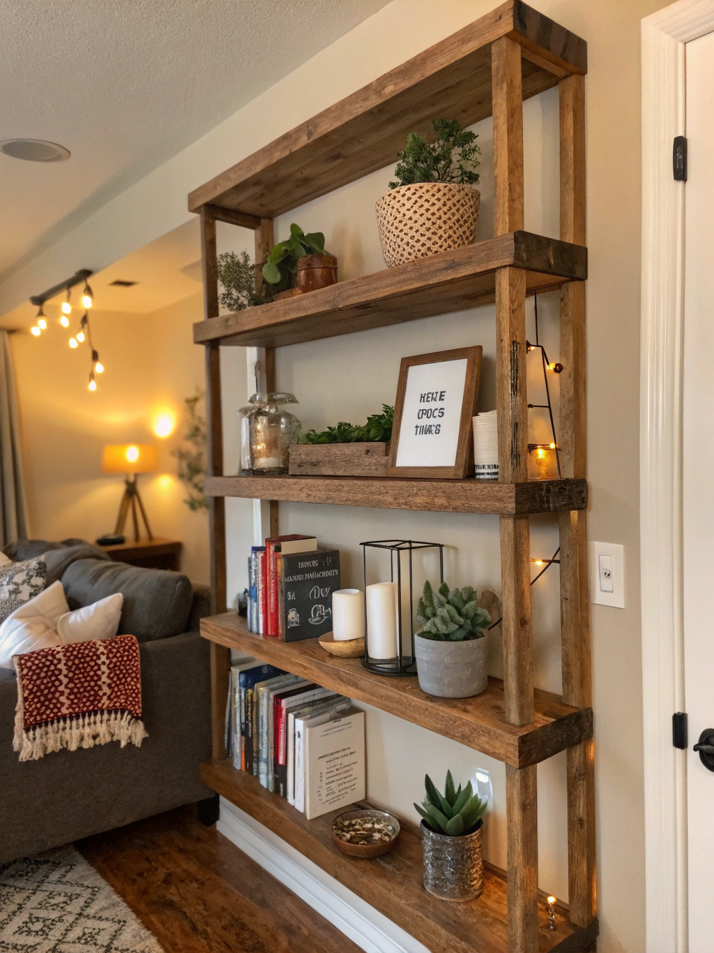 A beautifully styled DIY ledge shelf displaying various home decor items.