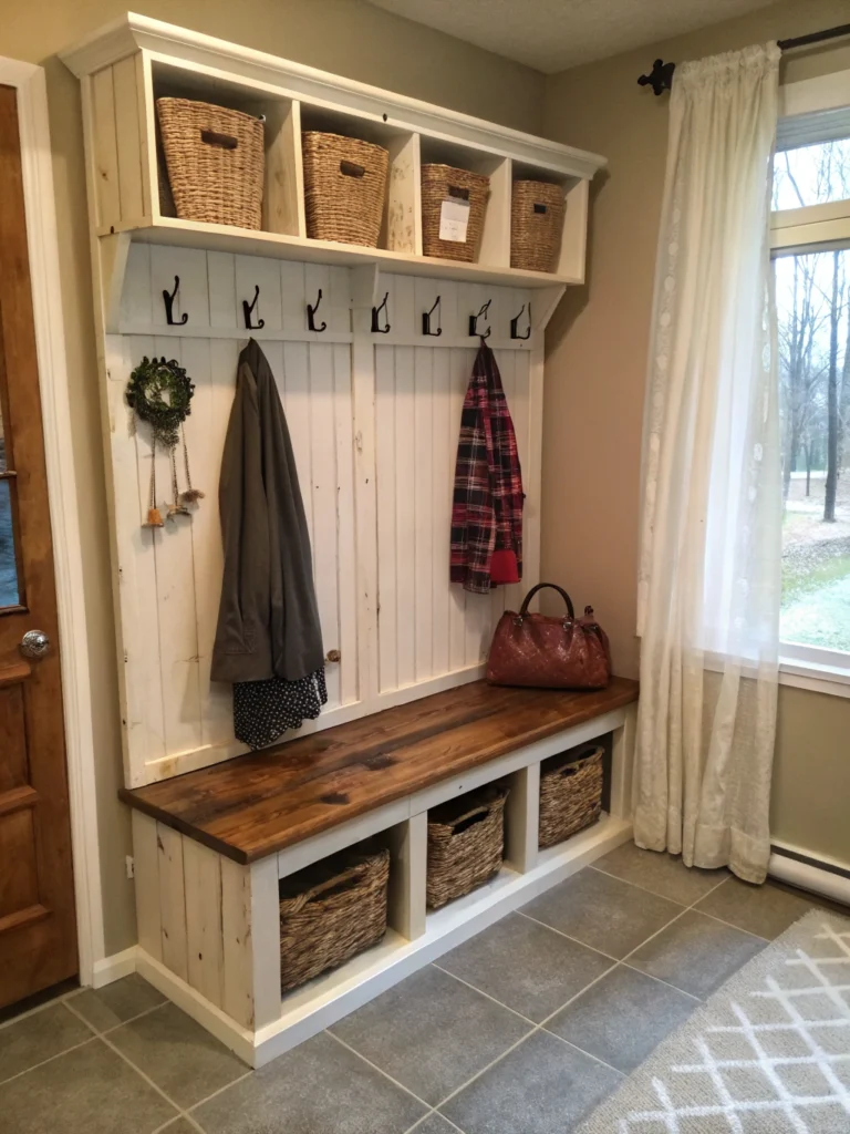 DIY mudroom bench with storage baskets and coats, enhancing cozy entryway organization.