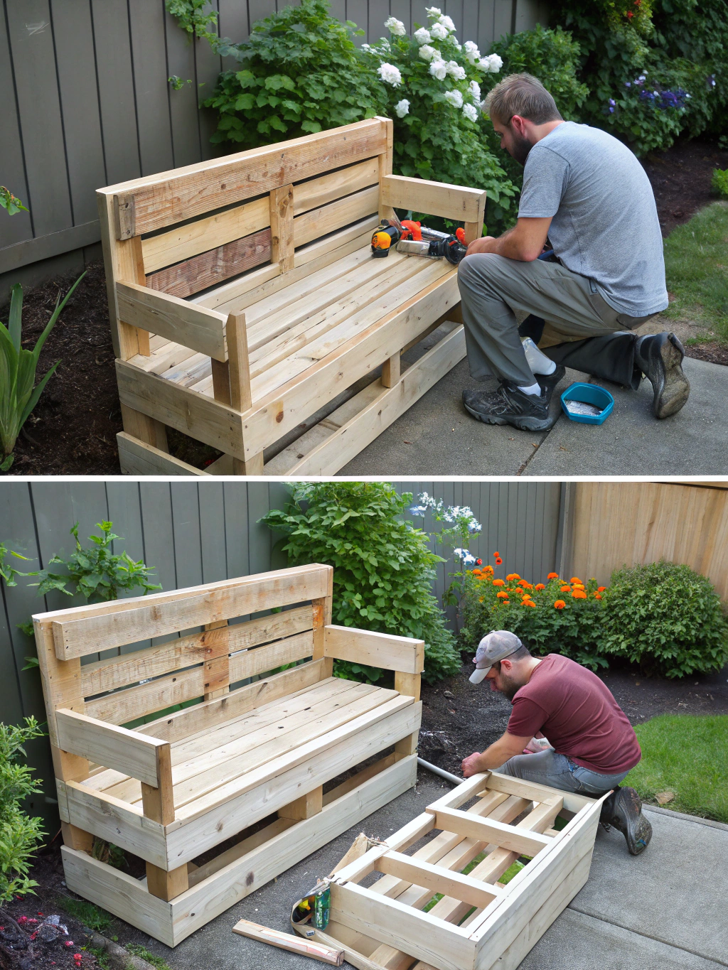 DIY Pallet Wood Projects: 7 Best Ideas You Can Build 3 Step 4 in assembling a DIY pallet wood shelf, showing pieces being joined.