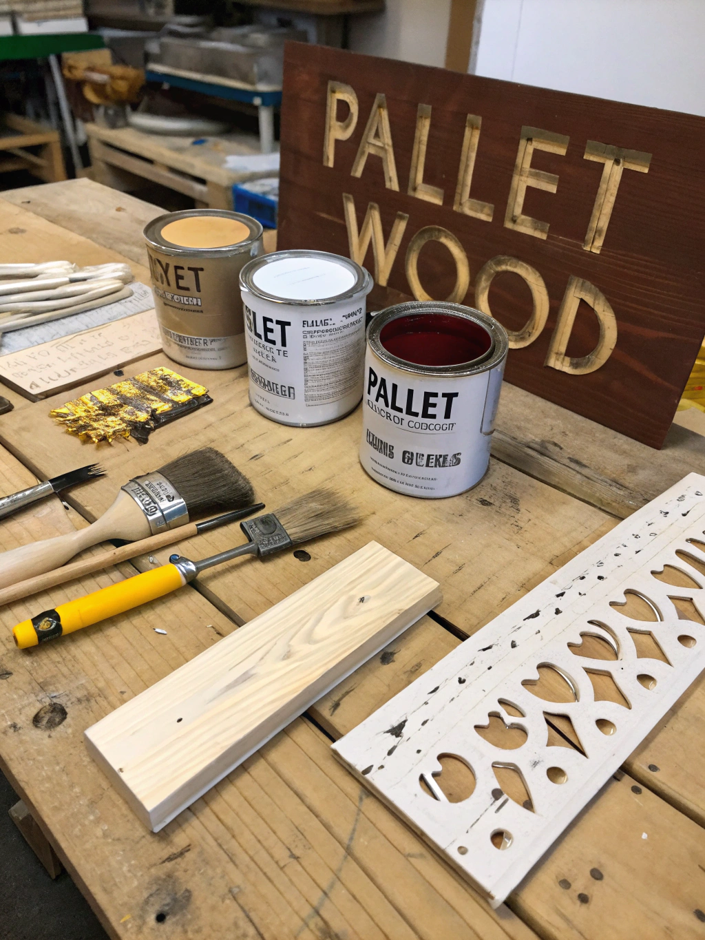 Essential materials and tools for making DIY pallet wood signs, laid out neatly.