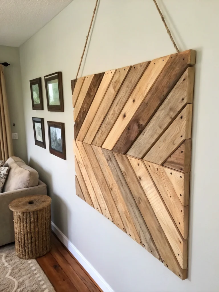 DIY pallet wood wall art enhancing a home's rustic charm.