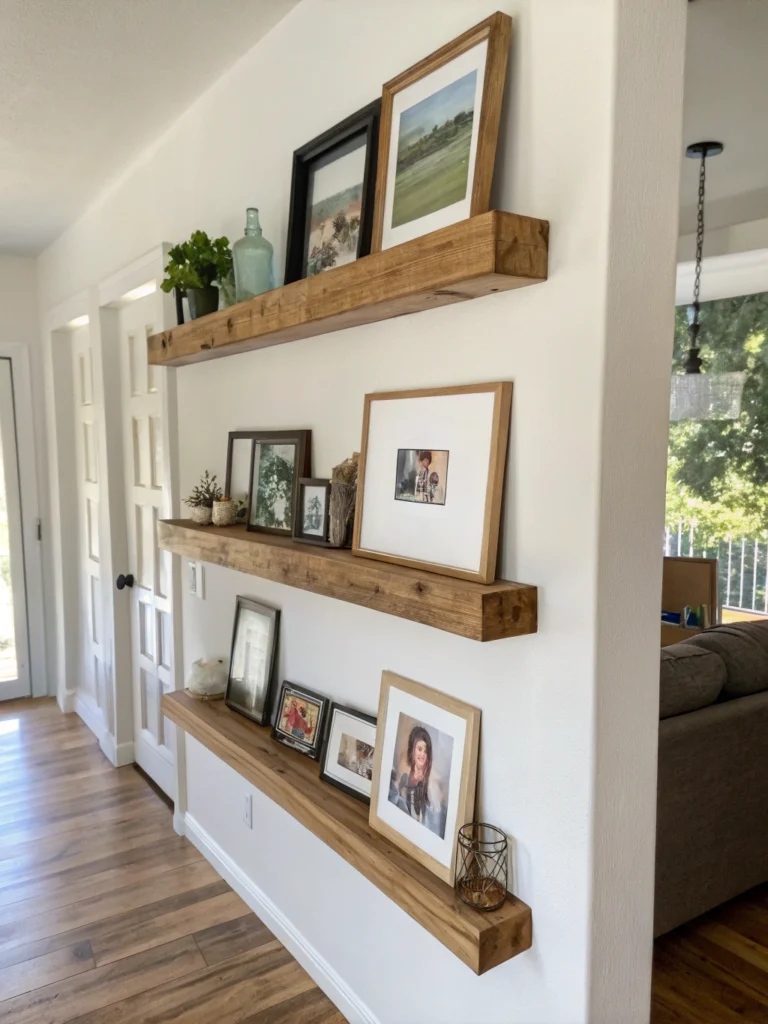 DIY picture ledge shelf with tools and materials, showcasing step-by-step creation in a cozy living room setting.