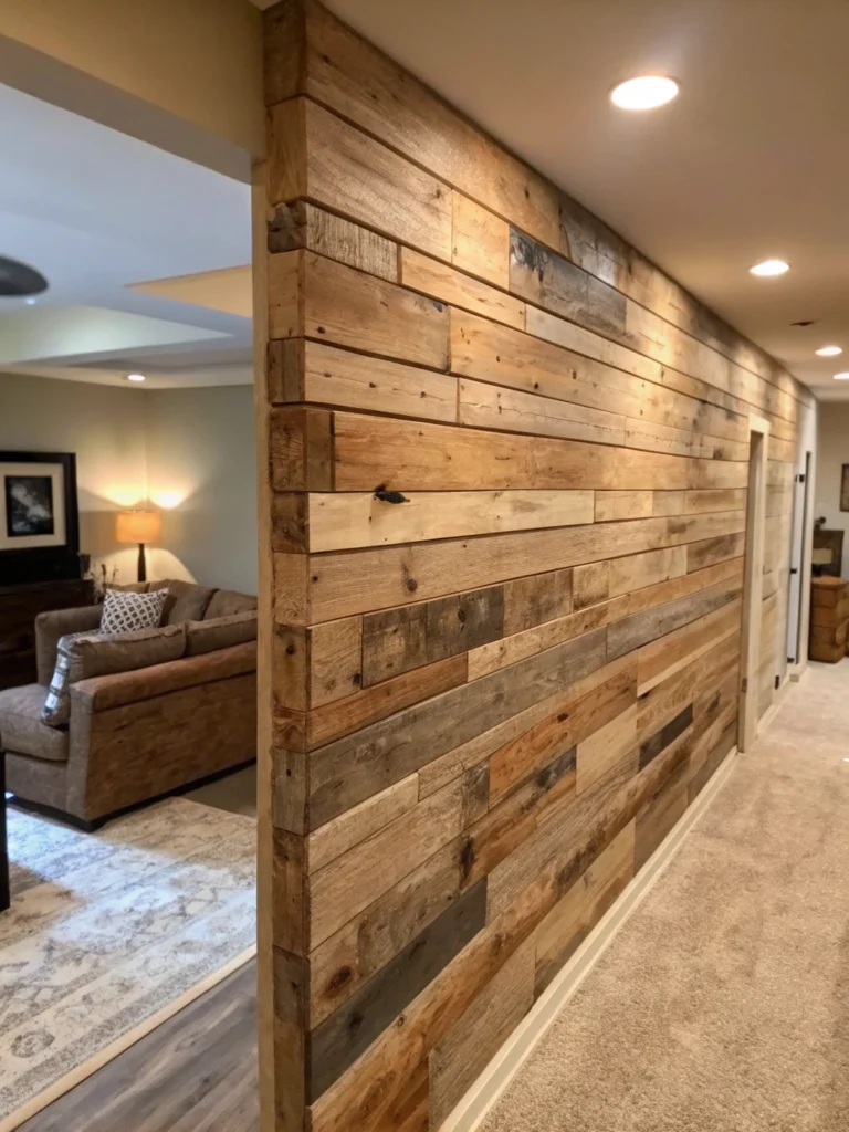 Reclaimed wood accent wall in a cozy living room, showcasing a rustic DIY transformation.