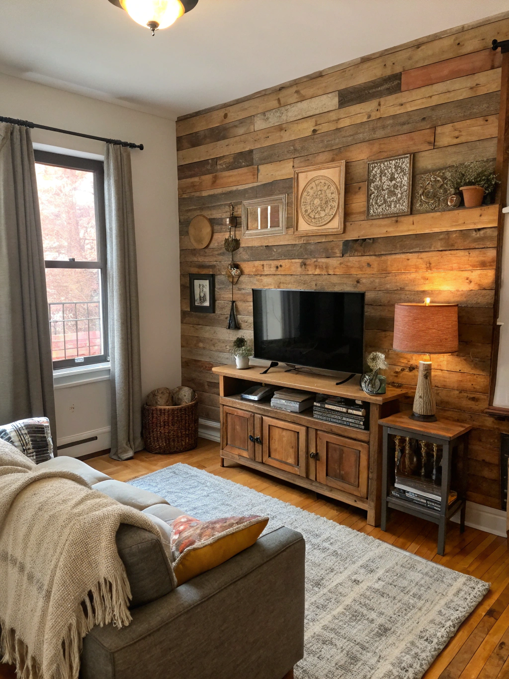 A beautiful, completed DIY reclaimed wood accent wall proudly displayed in a well-lit room, showcasing the texture and varied tones of the wood.