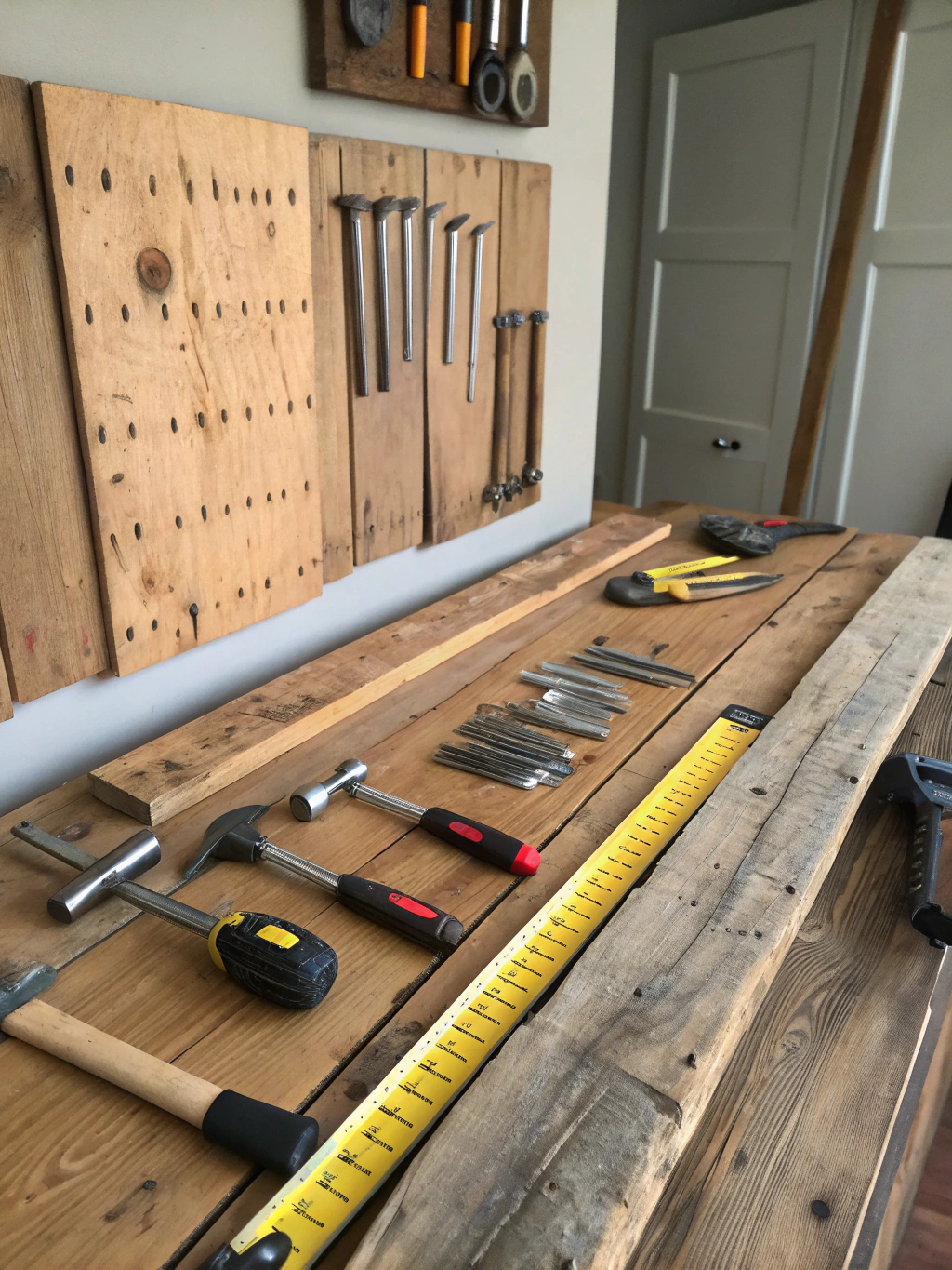 An array of tools and materials needed for a DIY reclaimed wood accent wall laid out neatly.